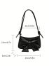 Crocodile Embossed Hobo Bag Medium Bow Decor Black