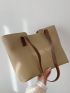 Khaki Shoulder Tote Bag Minimalist Stitch Detail Magnet PU