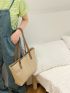 Khaki Shoulder Tote Bag Minimalist Stitch Detail Magnet PU