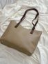 Khaki Shoulder Tote Bag Minimalist Stitch Detail Magnet PU