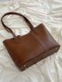 Brown Shoulder Tote Bag Minimalist Stitch Detail Magnet PU