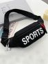 Letter Print Fanny Pack Black Adjustable Strap With USB Charging Port For Sport