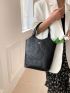 Geometric Pattern Shoulder Tote Bag Black Metal Decor