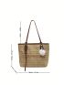 Letter Embroidered Straw Bag With Bag Charm For Vacation