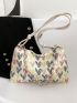 Medium Hobo Bag Flower Pattern Faux Pearl & Chain Decor