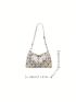 Medium Hobo Bag Flower Pattern Faux Pearl & Chain Decor