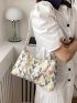 Medium Hobo Bag Flower Pattern Faux Pearl & Chain Decor