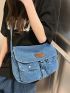 Medium Messenger Bag Letter Patch Decor Flap Denim