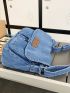 Medium Messenger Bag Letter Patch Decor Flap Denim