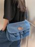 Medium Messenger Bag Letter Patch Decor Flap Denim