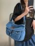 Medium Messenger Bag Letter Patch Decor Flap Denim