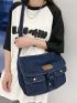 Medium Messenger Bag Letter Patch Decor Flap Denim