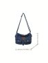 Medium Messenger Bag Letter Patch Decor Flap Denim