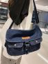 Medium Messenger Bag Letter Patch Decor Flap Denim