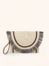 Medium Straw Bag Colorblock Flap Fringe Decor