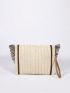 Medium Straw Bag Colorblock Flap Fringe Decor