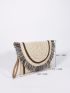 Medium Straw Bag Colorblock Flap Fringe Decor