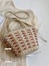 Colorblock Straw Bag Medium Drawstring Design Vacation