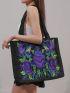 Flower Embroidered Shoulder Tote Bag Medium Double Handle, Mothers Day Gift For Mom