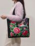 Flower Embroidered Shoulder Tote Bag Medium Double Handle, Mothers Day Gift For Mom