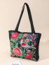 Flower Embroidered Shoulder Tote Bag Medium Double Handle, Mothers Day Gift For Mom