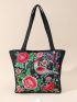 Flower Embroidered Shoulder Tote Bag Medium Double Handle, Mothers Day Gift For Mom