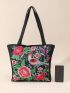 Flower Embroidered Shoulder Tote Bag Medium Double Handle, Mothers Day Gift For Mom