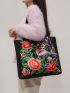 Vintage Flower Embroidered Shoulder Tote Bag Medium Double Handle