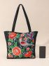 Vintage Flower Embroidered Shoulder Tote Bag Medium Double Handle