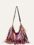 Medium Hobo Bag Random Colorblock Fringe Decor Genuine Leather