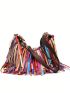 Medium Hobo Bag Random Colorblock Fringe Decor Genuine Leather