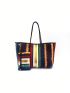 Stripe Pattern Tote Bag Double Handle With Coin Purse