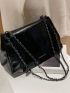 Letter Graphic Square Bag Flap PU Black