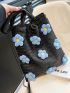 Flower Decor Straw Bag Small Black Vacation