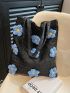 Flower Decor Straw Bag Small Black Vacation