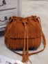 Brown Bucket Bag Fringe Decor Drawstring For Daily