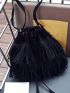 Medium Bucket Bag Solid Color Fringe Decor, Mothers Day Gift For Mom