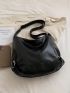 Large Hobo Bag Stitch Detail Ring Decor Black