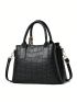 Crocodile Embossed Top Handle Bag Twilly Scarf Decor Black