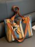 Striped Pattern Shoulder Tote Bag Medium With Bag Charm