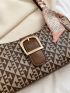 Geometric Pattern Baguette Bag Twilly Scarf & Buckle Decor