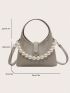 Faux Pearl Beaded Hobo Bag Letter Graphic Gray