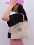 Cartoon Bear Pattern Square Bag Beige Double Handle For Daily