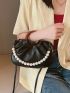 Medium Ruched Bag Black Faux Pearl Decor For Daily