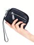 Litchi Embossed Coin Purse Black With Zipper For Daily