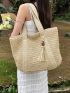 Oversized Straw Bag Bead & Tassel Decor Double Handle Zipper Vacation