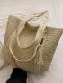 Oversized Straw Bag Bead & Tassel Decor Double Handle Zipper Vacation