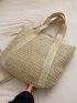 Oversized Straw Bag Bead & Tassel Decor Double Handle Zipper Vacation