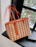 Two Tone Straw Bag Double Handle Zipper Vacation