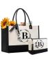 Personalized Gift for Women Teacher Mother Friends Initial Monogram Tote Bag with Makeup Bags Birthday Gift Bag with Leather Handles & Inner Zipper Pocket Letter B